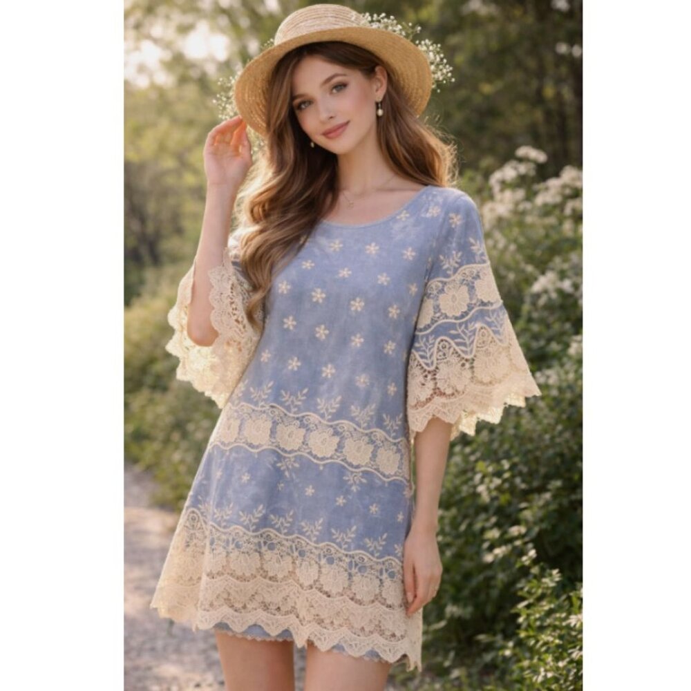 Sunflower Crochet Flower Embroidered Dress‎ Womens XL Scallop Lace Hem Tie Dye